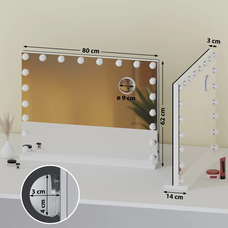 Miroir de maquillage LED blanc avec Bluetooth 80 × 62 cm 20 LED miroir grossissant x10 fixation murale ou sur pied 10_0008958