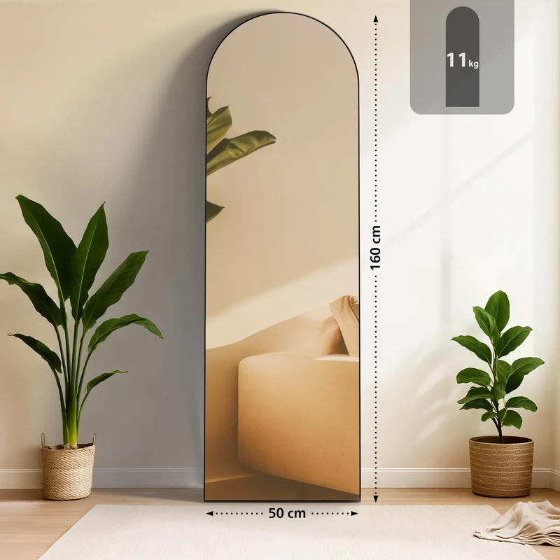 Miroir sur pied ou mural 160 × 50 cm cadre fin design élégant 160x50 cm cadre métal noir brillant 10_0008611