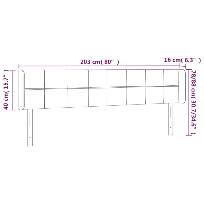 Tête de lit accessoire couchage chambre à coucher meuble avec rebord latéral 203 x 16 x 78/88 cm tissu velours gris clair TDL0205173