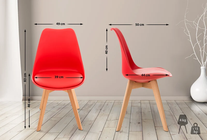 Chaise de salle à manger x1 design scandinave en plastique et PVC rouge et pieds en bois clair 10_0002273