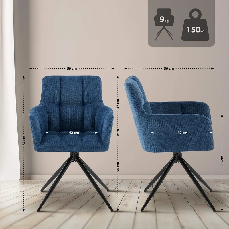 Lot de 2 chaises de salle à manger moderne et confort mécanisme de rotation à 180° en tissu bleu foncé et métal 10_0007585
