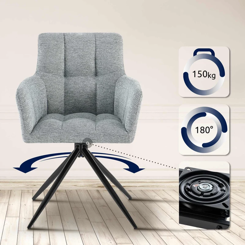 Chaise de salle à manger x1 moderne et confort mécanisme de rotation à 180° en tissu gris et métal 10_0007155