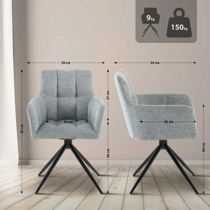 Chaise de salle à manger x1 moderne et confort mécanisme de rotation à 180° en tissu gris et métal 10_0007155