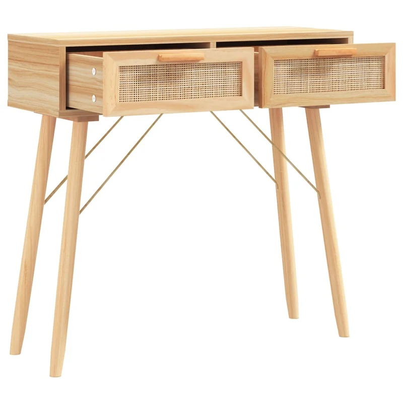 Table console d'entrée fonctionnel et stylé avec tiroirs de rangement 80 x 30 x 75 cm bois de pin et rotin naturel DEC032040