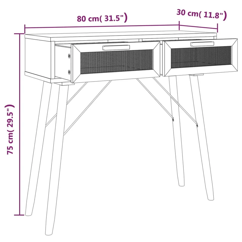 Table console d'entrée fonctionnel et stylé avec tiroirs de rangement 80 x 30 x 75 cm bois de pin et rotin naturel DEC032040