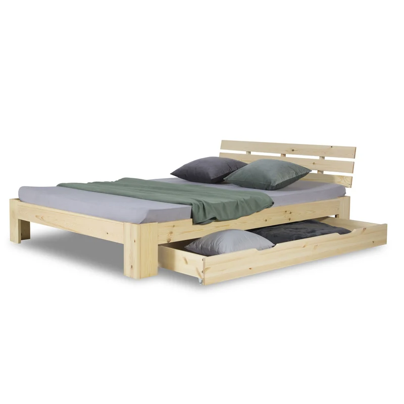 Lit double 140x200 cm avec tiroir de rangement et sommier à lattes cadre en bois de pin clair LIT06226