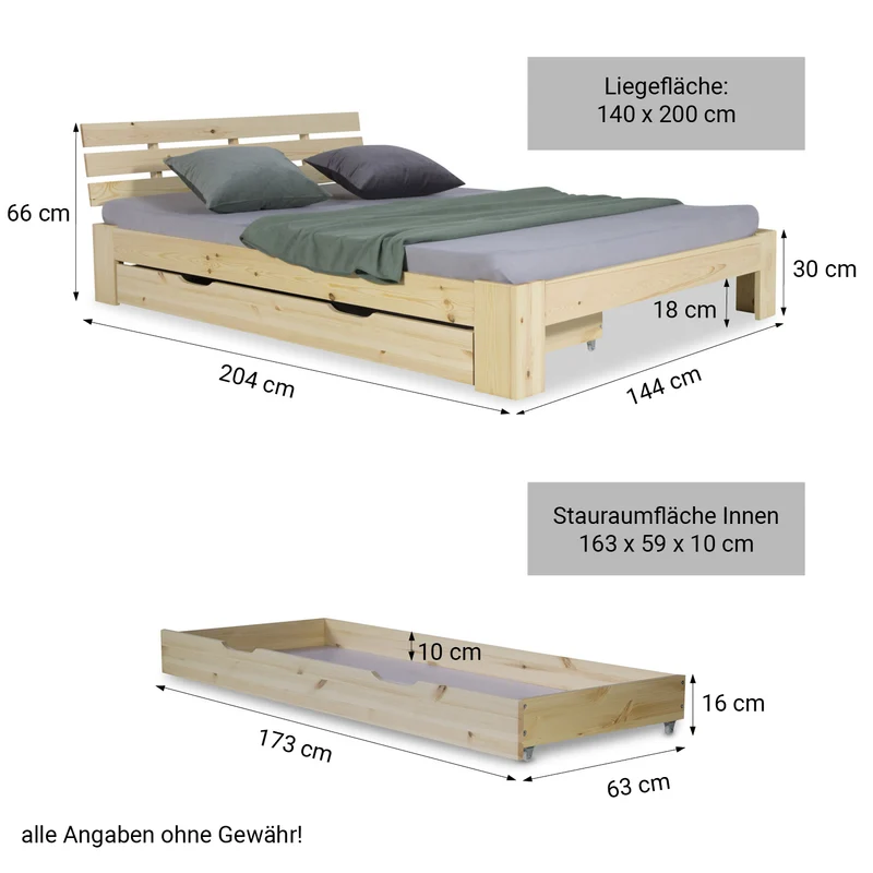 Lit double 140x200 cm avec tiroir de rangement et sommier à lattes cadre en bois de pin clair LIT06226