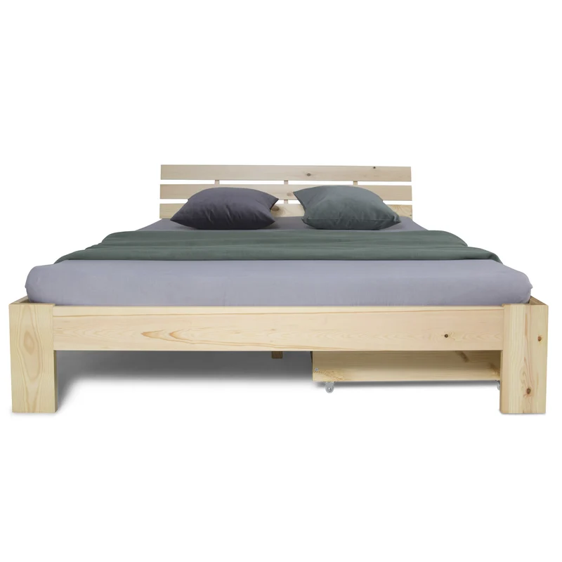 Lit double 140x200 cm avec tiroir de rangement et sommier à lattes cadre en bois de pin clair LIT06226