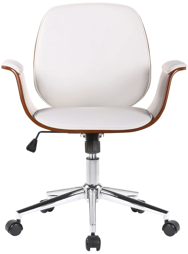 Fauteuil de bureau moderne et confortable accoudoirs incurvés hauteur réglable en synthétique blanc bois et métal BUR10556