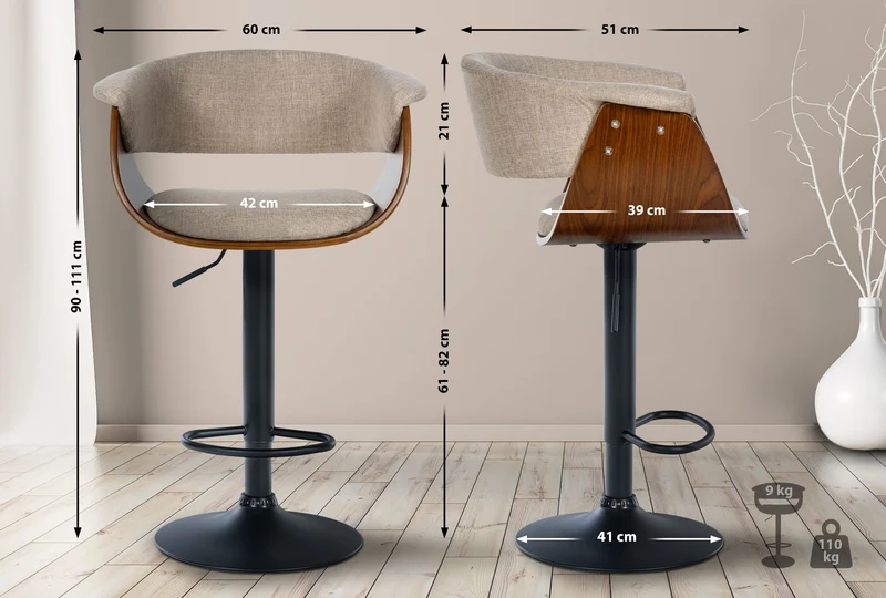 Tabouret de bar design moderne siège réglable en hauteur et pivotant en tissu crème coque en bois et métal noir 10_0005455