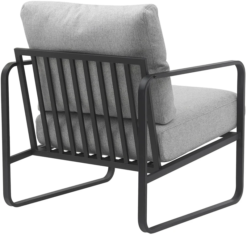 Fauteuil lounge design retro chic en tissu gris clair et cadre en métal noir mat 10_0002819