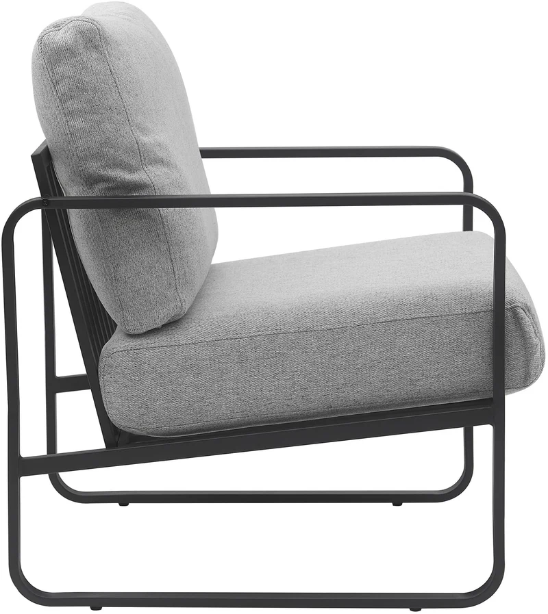 Fauteuil lounge design retro chic en tissu gris clair et cadre en métal noir mat 10_0002819