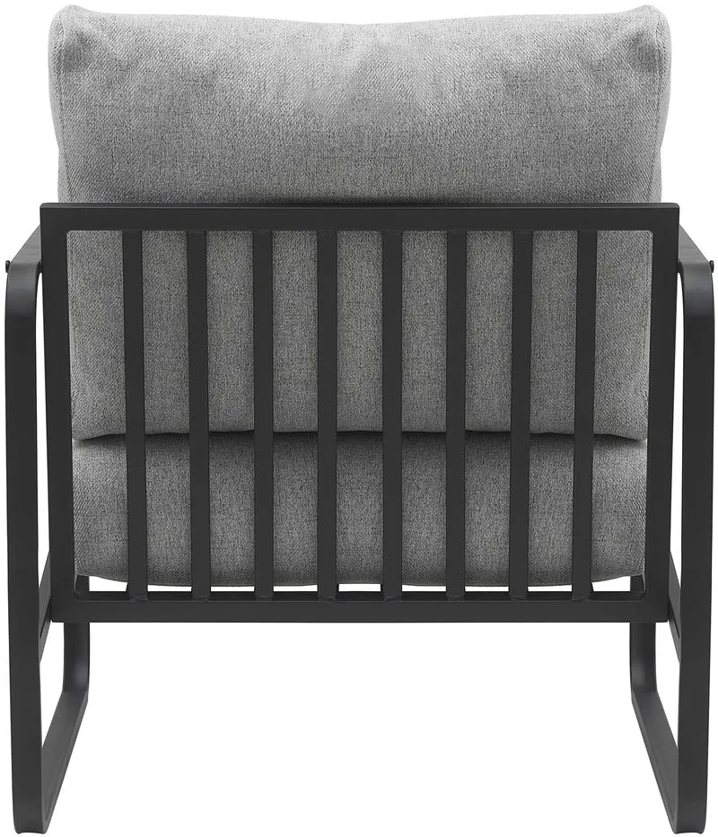 Fauteuil lounge design retro chic en tissu gris clair et cadre en métal noir mat 10_0002819