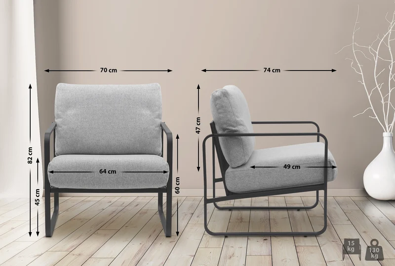 Fauteuil lounge design retro chic en tissu gris clair et cadre en métal noir mat 10_0002819