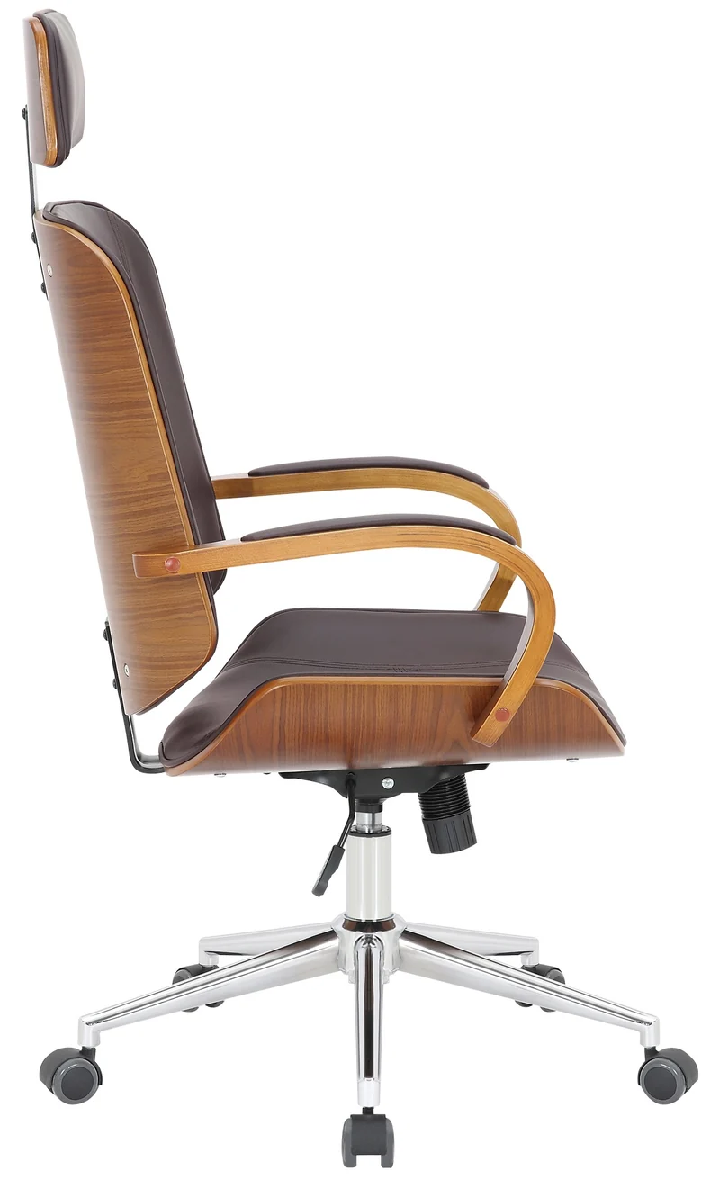 Chaise de bureau dossier et l'appuie-tête en métal PVC marron et cadre en bois noyer 10_0002450