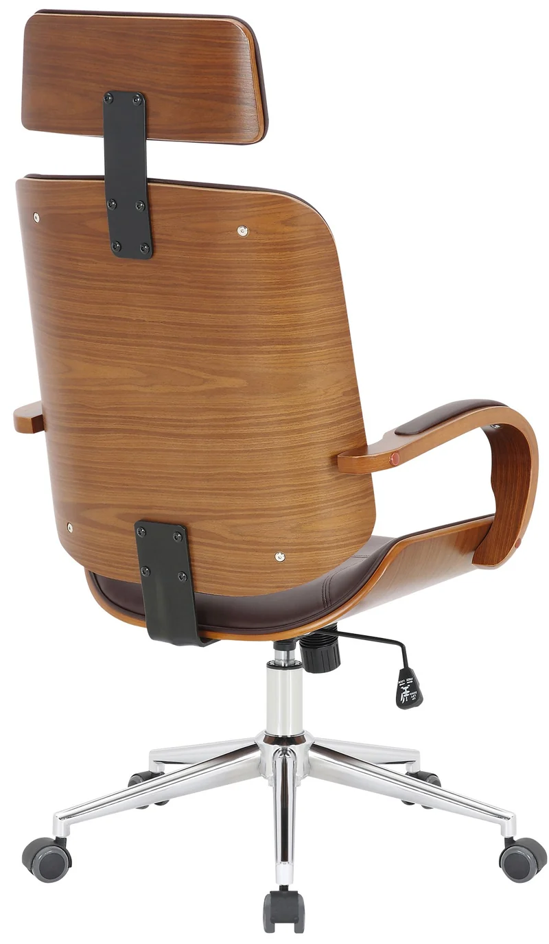 Chaise de bureau dossier et l'appuie-tête en métal PVC marron et cadre en bois noyer 10_0002450