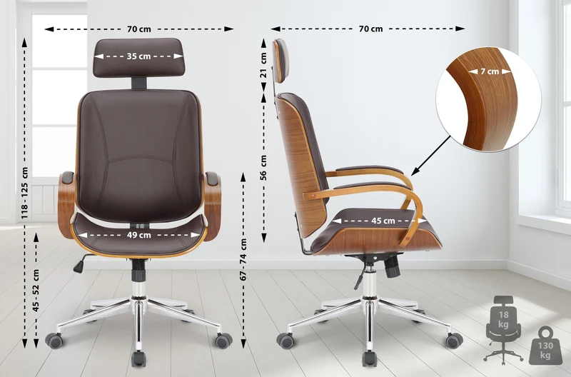 Chaise de bureau dossier et l'appuie-tête en métal PVC marron et cadre en bois noyer 10_0002450
