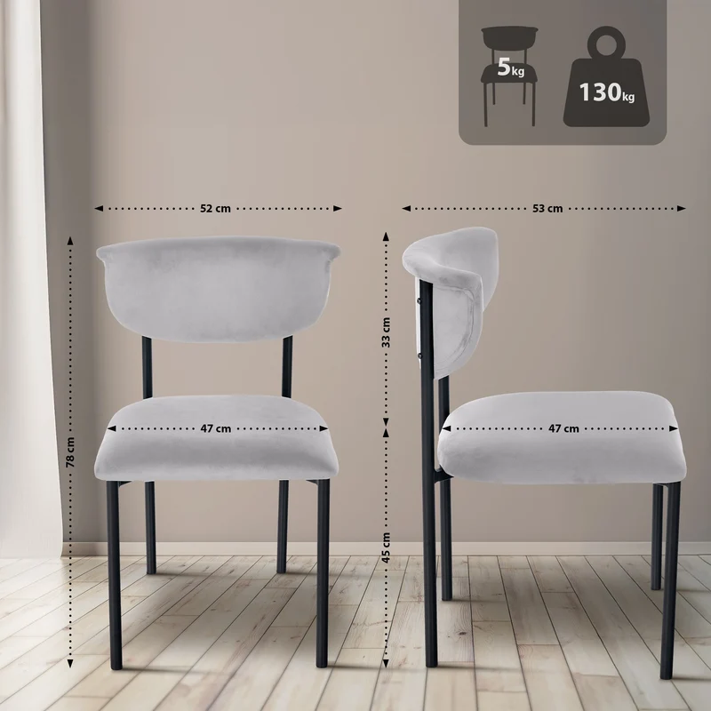 Chaise de salle à manger x1 élégante lignes épurées assise galbée velours gris et métal noir 10_0008298