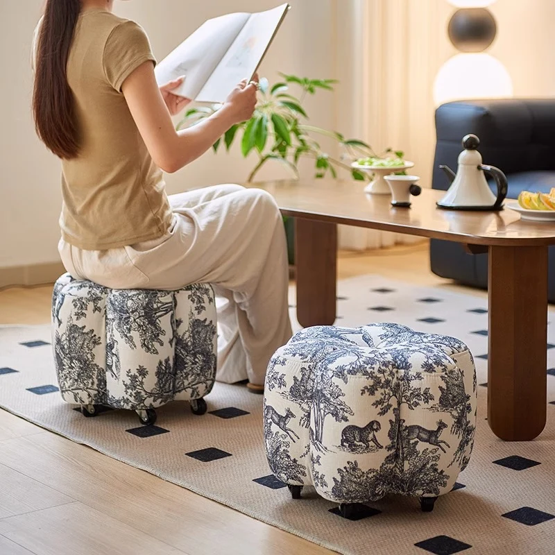 Contemporary Retro Flower Cube Cotton Linen Faux Oil-waxed Leather Pine Wheels Footstool Backless Armless For Living Room