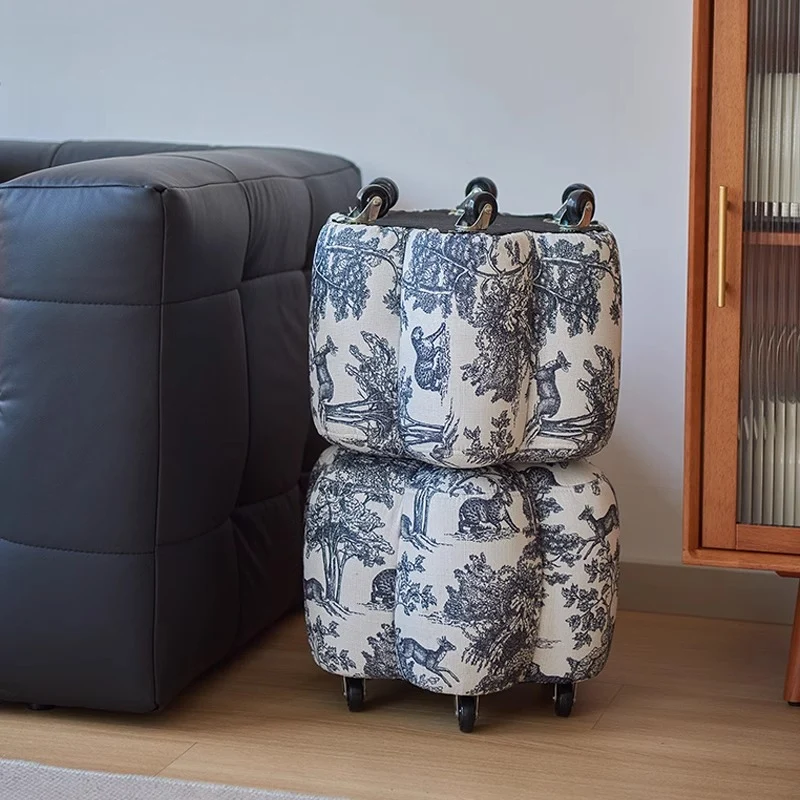 Contemporary Retro Flower Cube Cotton Linen Faux Oil-waxed Leather Pine Wheels Footstool Backless Armless For Living Room