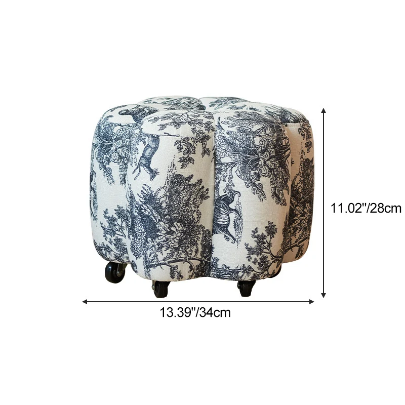 Contemporary Retro Flower Cube Cotton Linen Faux Oil-waxed Leather Pine Wheels Footstool Backless Armless For Living Room