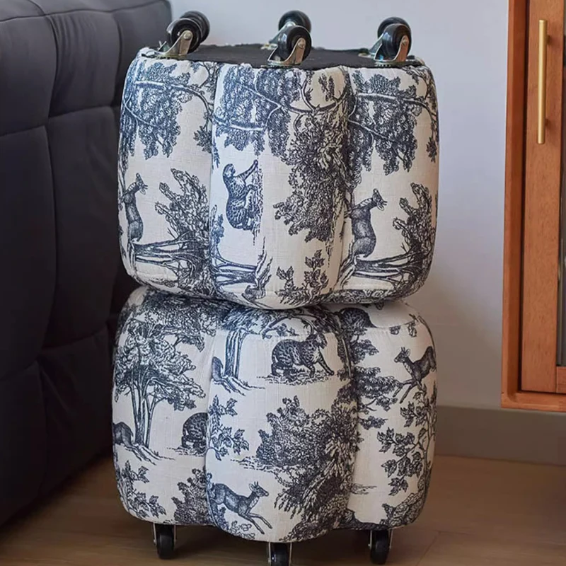 Contemporary Retro Flower Cube Cotton Linen Faux Oil-waxed Leather Pine Wheels Footstool Backless Armless For Living Room