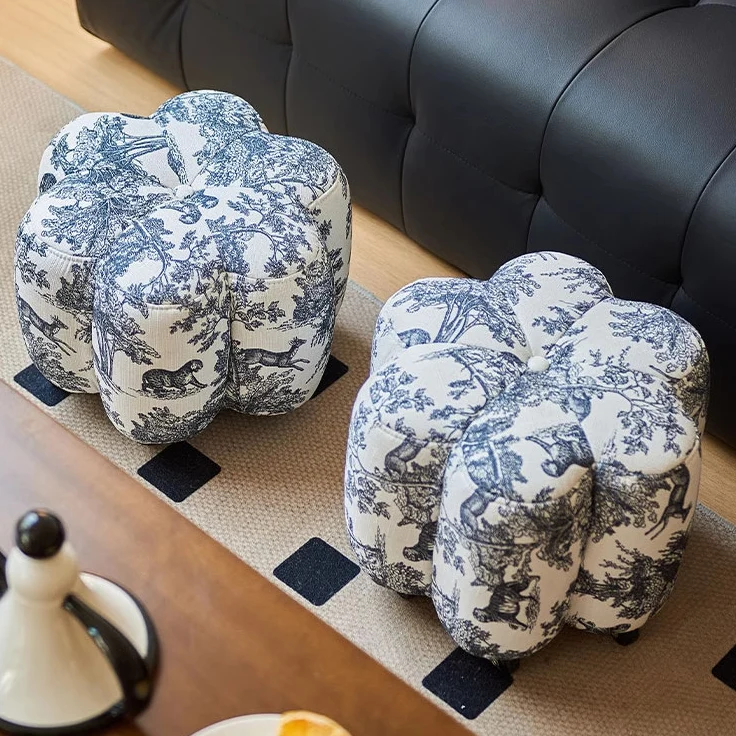 Contemporary Retro Flower Cube Cotton Linen Faux Oil-waxed Leather Pine Wheels Footstool Backless Armless For Living Room