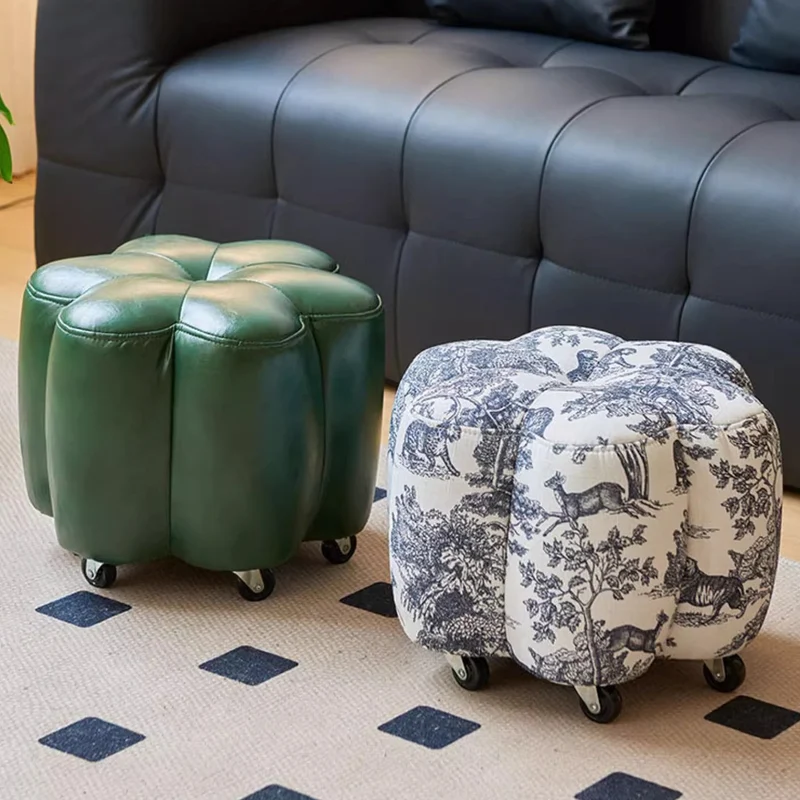 Contemporary Retro Flower Cube Cotton Linen Faux Oil-waxed Leather Pine Wheels Footstool Backless Armless For Living Room