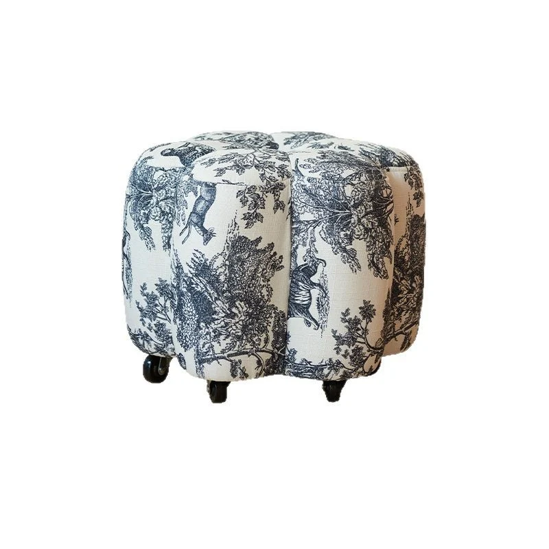 Contemporary Retro Flower Cube Cotton Linen Faux Oil-waxed Leather Pine Wheels Footstool Backless Armless For Living Room