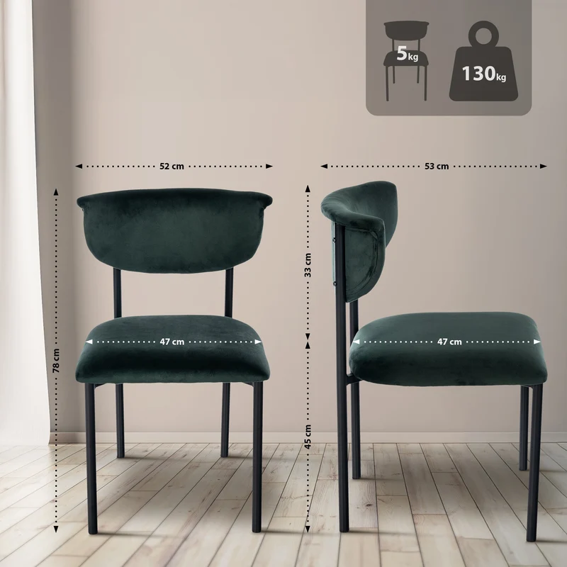 Chaise de salle à manger x1 élégante lignes épurées assise galbée velours vert foncé et métal noir 10_0008295