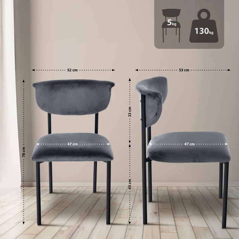 Chaise de salle à manger x1 élégante lignes épurées assise galbée velours gris foncé et métal noir 10_0008294