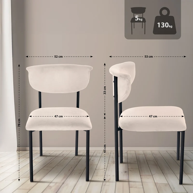 Chaise de salle à manger x1 élégante lignes épurées assise galbée velours crème et métal noir 10_0008293