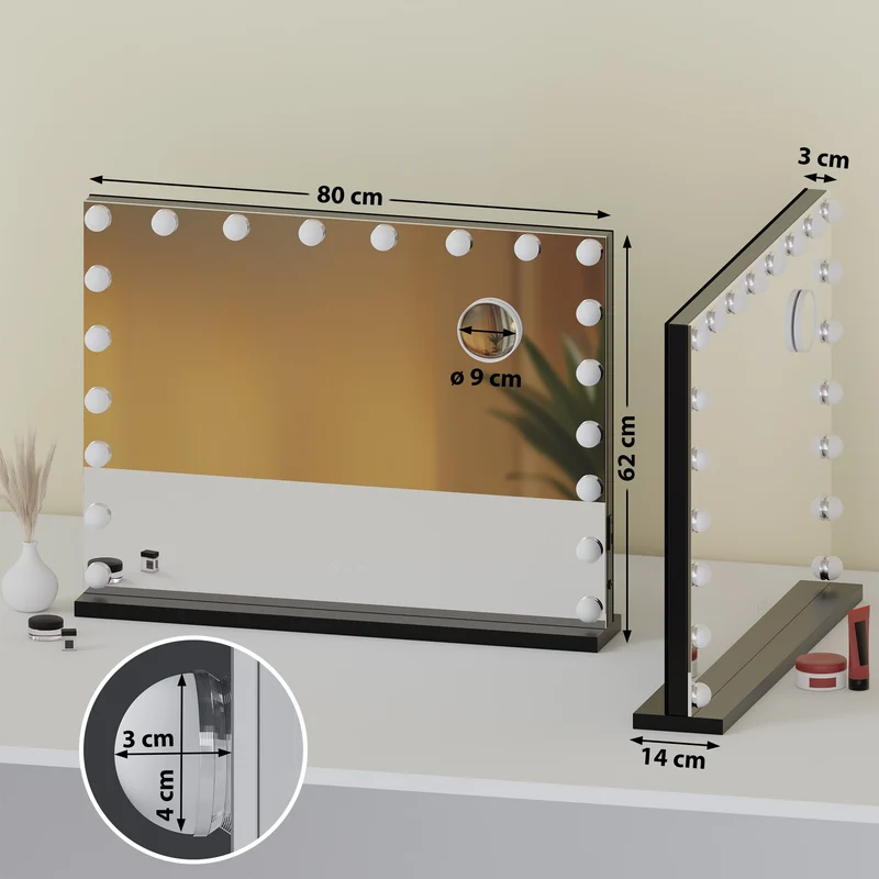 Miroir de maquillage professionnel 62x80x14 cm – lumière LED et grossissant cadre métal noir 10_0008961
