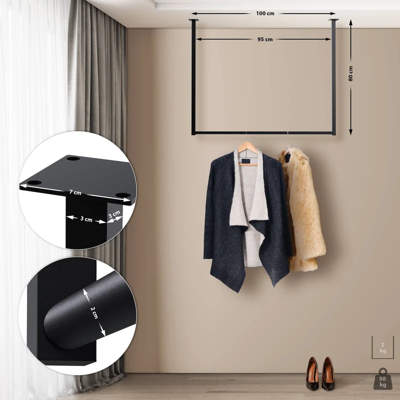 Tringle à vêtements suspendue porte-manteau 120x80 cm acier thermolaqué noir 10_0009009