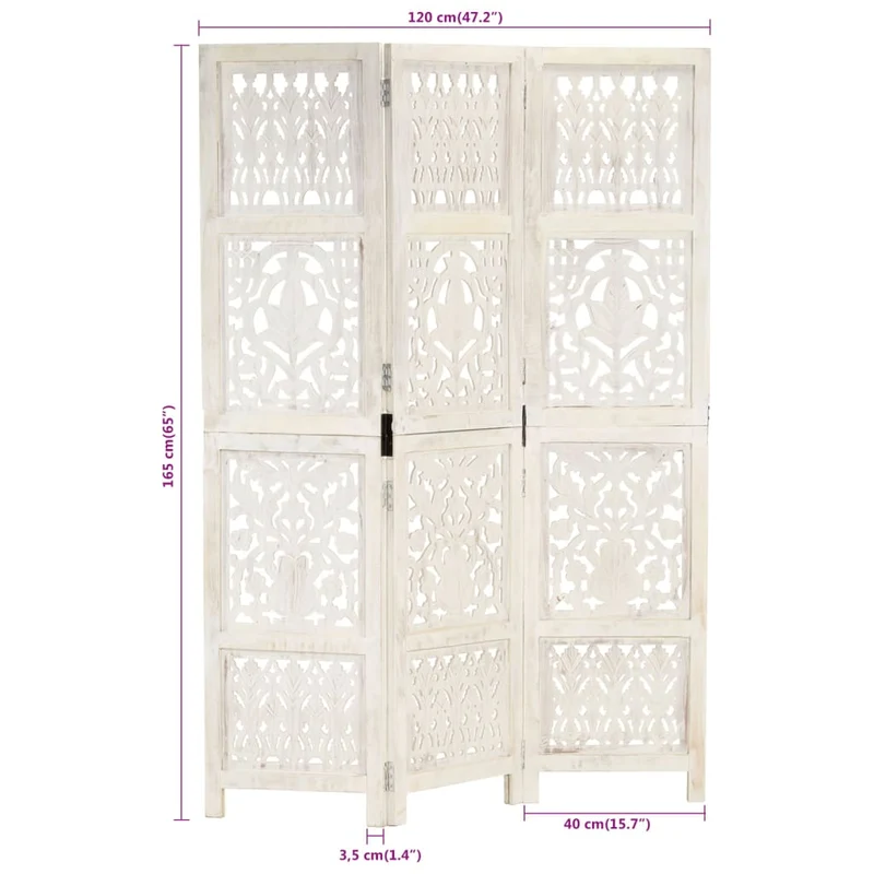 Paravent séparateur de pièce cloison 3 panneaux 120 x 165 cm bois manguier blanc DEC030734