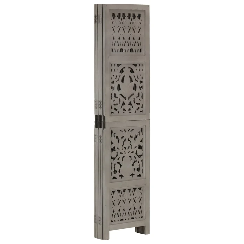 Paravent séparateur de pièce cloison 5 panneaux motifs sculptés à la main 200 x 165 cm bois et MDF manguier gris DEC030970