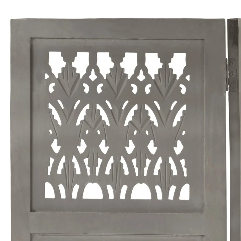 Paravent séparateur de pièce cloison 5 panneaux motifs sculptés à la main 200 x 165 cm bois et MDF manguier gris DEC030970