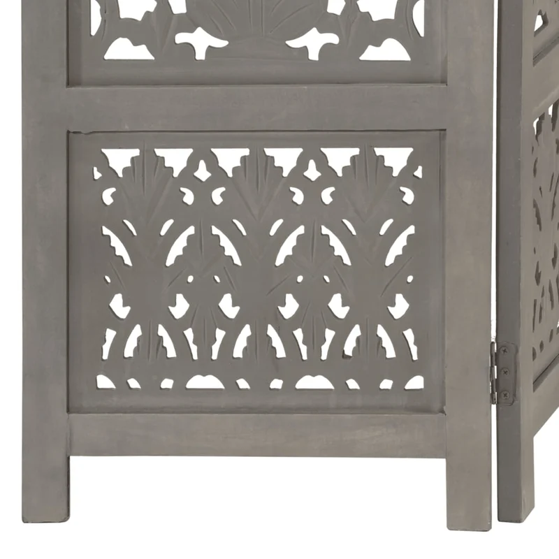 Paravent séparateur de pièce cloison 5 panneaux motifs sculptés à la main 200 x 165 cm bois et MDF manguier gris DEC030970