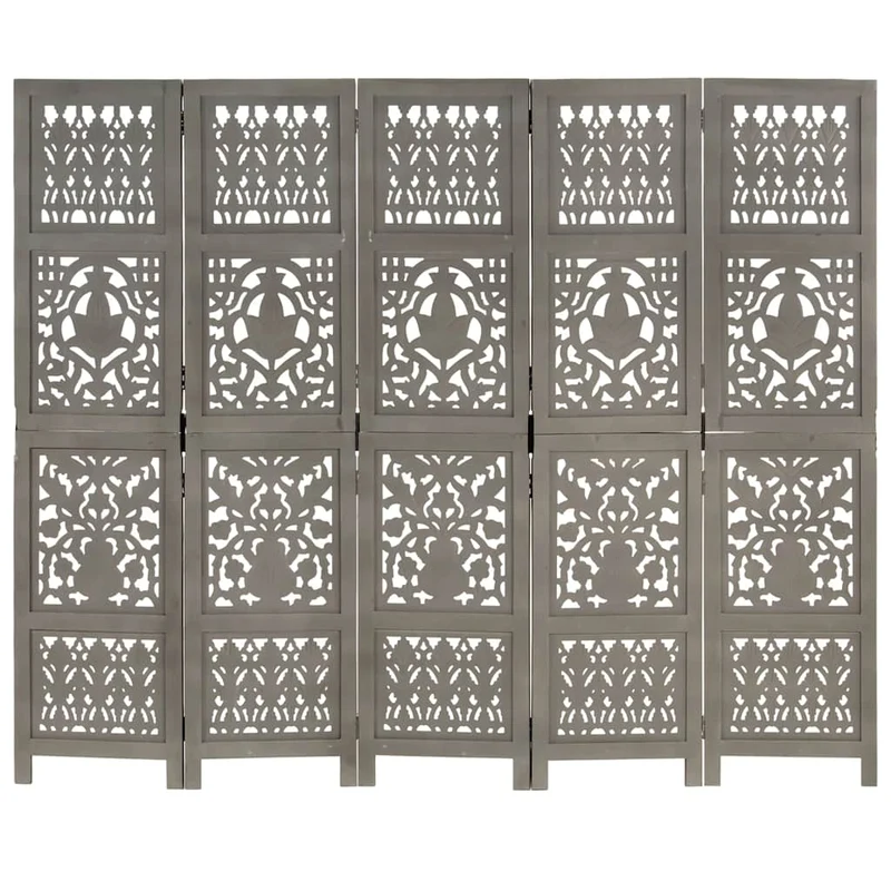 Paravent séparateur de pièce cloison 5 panneaux motifs sculptés à la main 200 x 165 cm bois et MDF manguier gris DEC030970