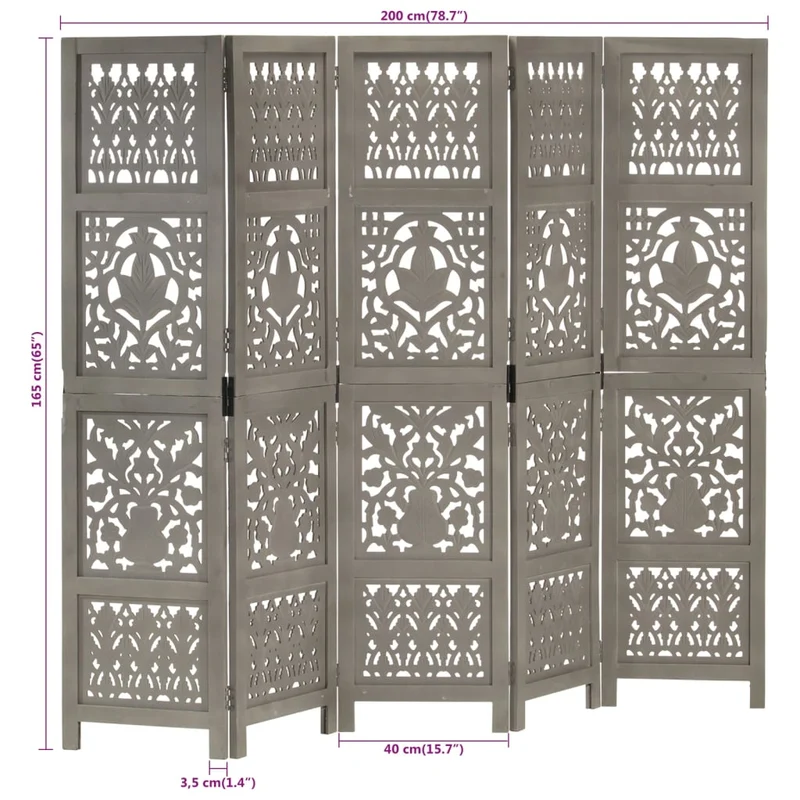Paravent séparateur de pièce cloison 5 panneaux motifs sculptés à la main 200 x 165 cm bois et MDF manguier gris DEC030970
