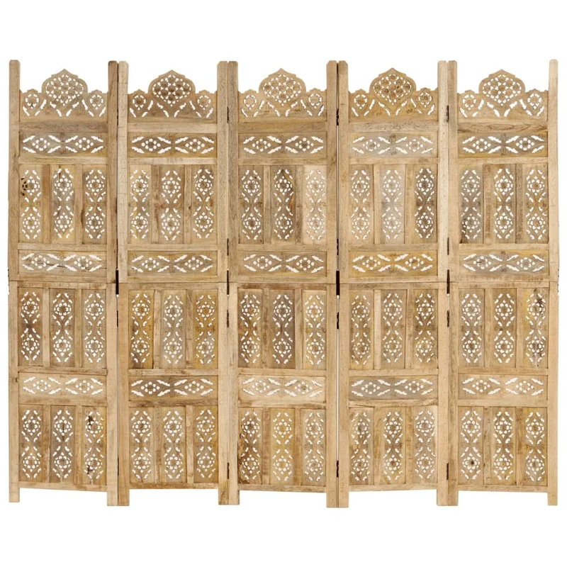 Paravent séparateur de pièce cloison 5 panneaux motifs sculptés à la main 200 x 165 cm bois de manguier marron DEC030926
