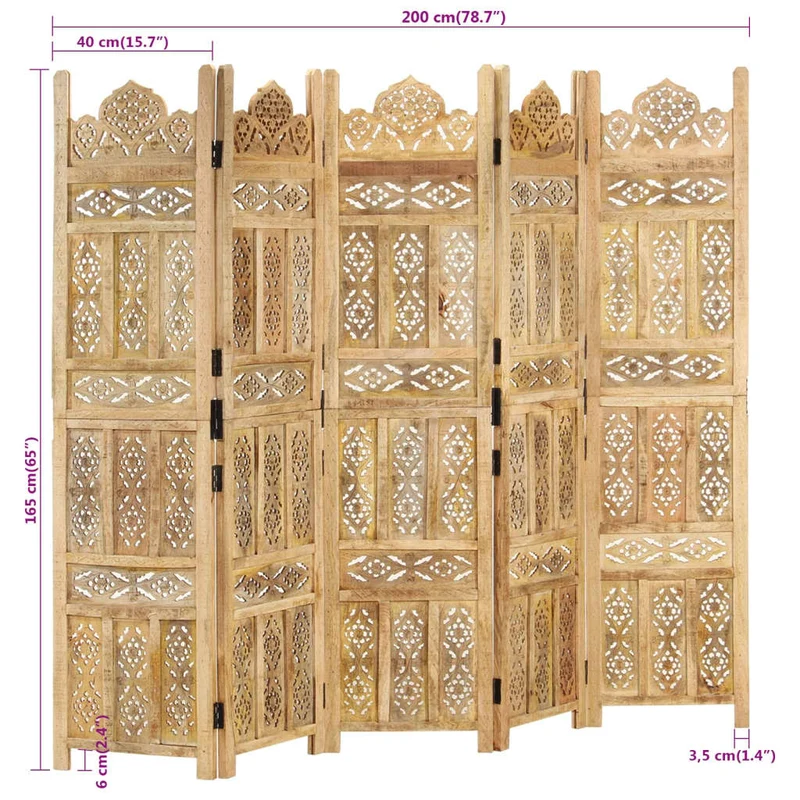 Paravent séparateur de pièce cloison 5 panneaux motifs sculptés à la main 200 x 165 cm bois de manguier marron DEC030926