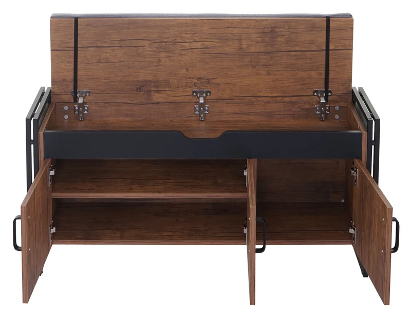 Banquette commode à chaussures avec sièges avec coussins 53x110x30cm en métal aspect chêne sauvage 04_0001148