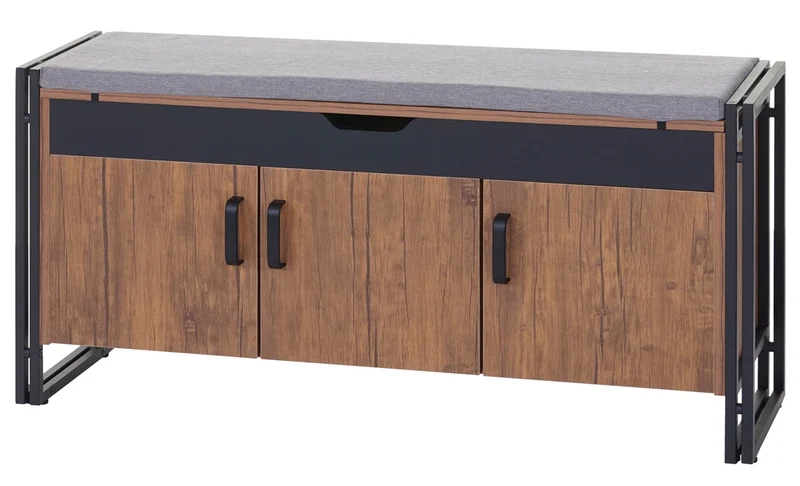 Banquette commode à chaussures avec sièges avec coussins 53x110x30cm en métal aspect chêne sauvage 04_0001148