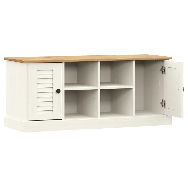 Banc de rangement à chaussures avec 4 compartiments et 2 petites armoires avec porte 106 x 35 x 45 cm en bois de pin blanc DEC024962