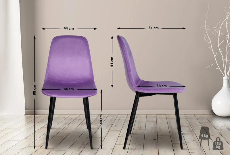 Lot de 4 chaises de salle à manger design simple avec pieds en métal noir et assise en tissu violet 10_0001831