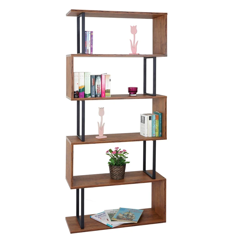 Bibliothèque étagère sur pied en métal et bois véritable 4 niveaux 142x60cm 04_0001281