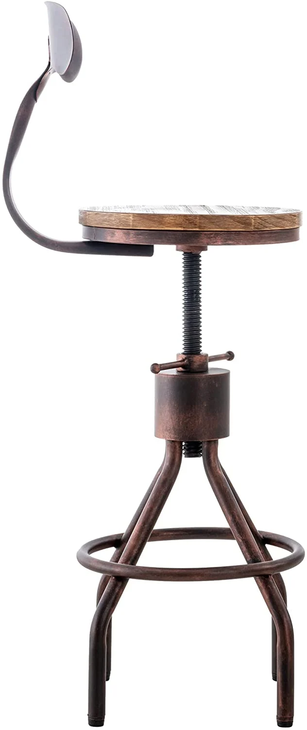 Tabouret de bar chaise haute de comptoir avec dossier design industriel vintage métal bronze et bois TDB10320