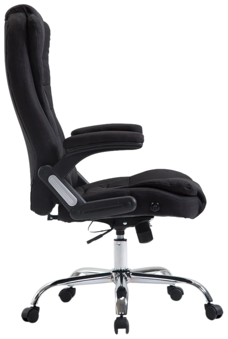 Fauteuil de bureau XXL sur roulettes confortablement rembourrés avec accoudoirs en tissu noir et métal chromé 10_0002667