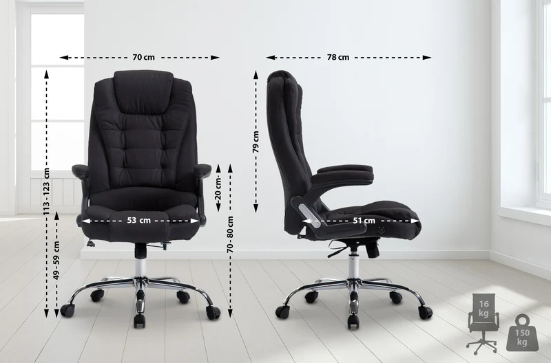 Fauteuil de bureau XXL sur roulettes confortablement rembourrés avec accoudoirs en tissu noir et métal chromé 10_0002667